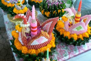 Floral arrangements for the Loy Krathong Festival; Loi Krathong takes place