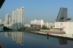 Cityscape from atop a hotel pool