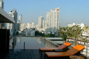 Cityscape from atop a hotel pool