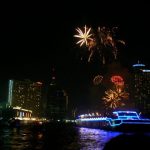 Fireworks and large illuminated rafts on the Chao Phraya River,