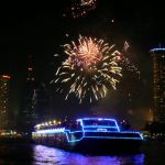 Fireworks and large illuminated rafts on the Chao Phraya River,