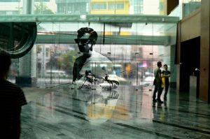 Hotel lobby with etched glass entry