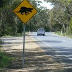 Rural road with road sign warning to be aware of