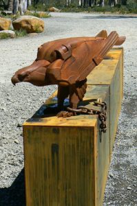 Metal eagle at entry to the Wall in the Wilderness