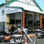 Moby Dick breakfast bar on main street in Stanley. A motorcycle