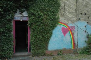 Entry to the 'gay house'--Bosenhuset--with rainbow and pink doors