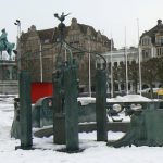 Park plaza with new and old sculptures