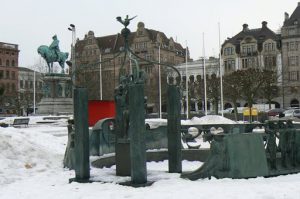 Park plaza with new and old sculptures