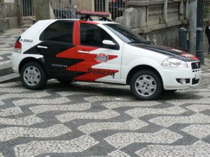 Brazil - Sao Paulo -colorful police car and decorative sidewalk