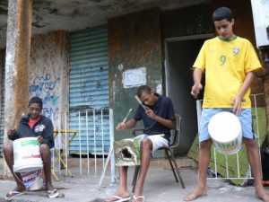 Impromptu drummer band--plastic and tin cans