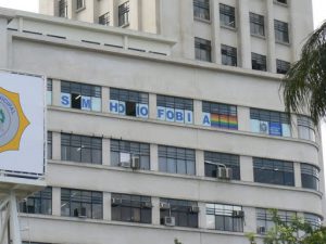 Close-up of the banner in the windows of the top