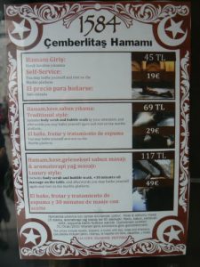 Turkey, Istanbul -price list of Cemberlitas bath house in the city