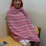 Turkey, Istanbul - Michael wrapped in towels in Cemberlitas bath house
