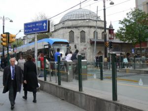 Turkey, Istanbul - modern tram and ancient mosque