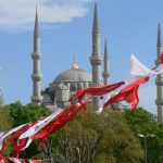Turkey, Istanbul - flags at Blue Mosque