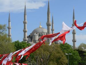 Turkey, Istanbul - flags at Blue Mosque