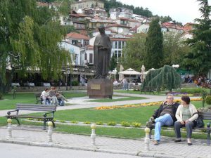 Macedonia, Ohrid City - central park with saint statue