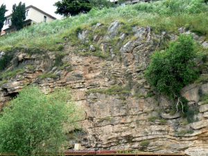 Macedonia, Ohrid Lake - prehistoric rock strata uplifted by geologic