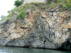 Macedonia, Ohrid City - prehistoric rock strata uplifted by geologic
