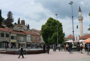 Macedonia, Ohrid City - plaza with fountain, mosque and church