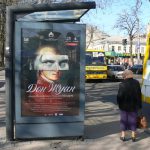 Ukraine, Odessa - bus stop poster for Mozart's opera Don