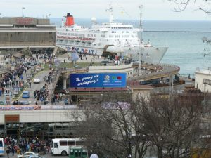 Ukraine, Odessa - overlooking the harbor with the Peace Boat