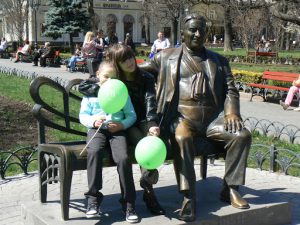 Odessa, Ukraine - family with former mayor sculpture