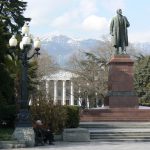 Lenin statue and the mountains