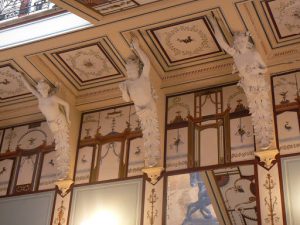 Greece, Corfu Island, Achilieion Palace grand staircase ceiling detail