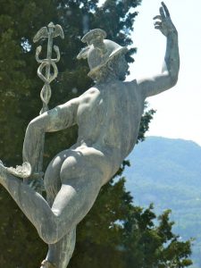 Greece, Corfu Island, Achilieion Palace; bronze statue of Winged Mercury in