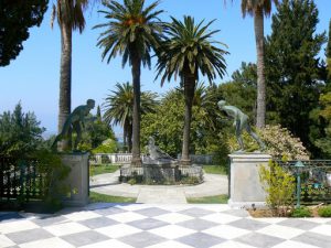 Greece, Corfu Island, Achilieion Palace; view down to the main gardens