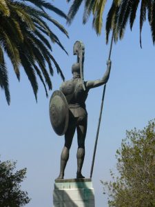 Greece, Corfu Island, Achilieion Palace; twice life-size bronze statue of the