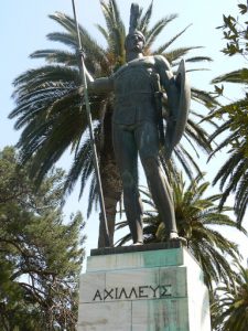 Greece, Corfu Island, Achilieion Palace; twice life-size bronze statue of the