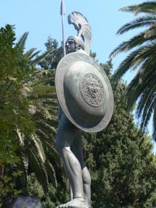 Greece, Corfu Island, Achilieion Palace; twice life-size bronze statue of the