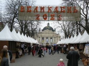 Ukraine, Lviv - central city:  craft stalls along walk to