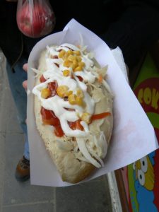 Ukraine, Lviv - central city kiosk lunch  (delicious chicken, slaw