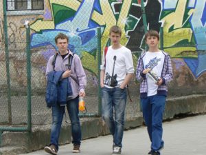 Ukraine, Lviv - central city local boys with junk food