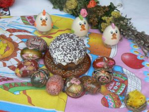 Ukraine, Lviv - central city bakery Easter eggs and muffin