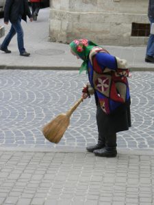 Ukraine, Lviv - central city colorful street sweeper