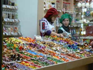 Ukraine, Lviv - colorful candy store and clerks