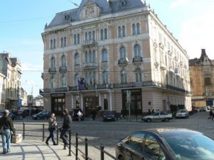 Ukraine, Lviv - central city George Hotel with classic architecture