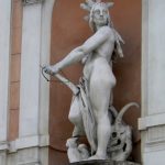 Ukraine, Lviv - central city - niche statue on Hotel