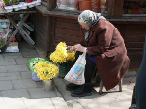 Ukraine, Lviv - central city - selling Easter flowers