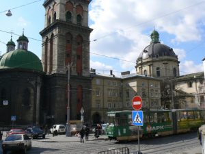 Ukraine, Lviv - Dormition Church and bell tower on left; Dominican