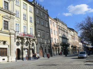 Ukraine, Lviv - typical street with history museum first three