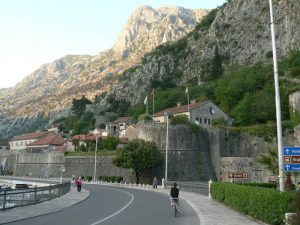 Entering Kotor with old town walls on right