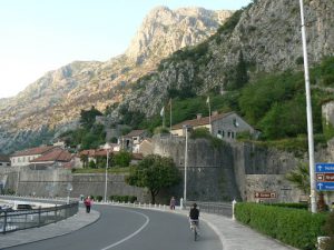Entering Kotor with old town walls on right