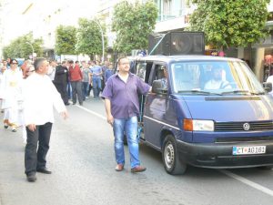 Montenegro, Podgorica: Eastern Orthodox Easter  procession with loudspeakers playing religious