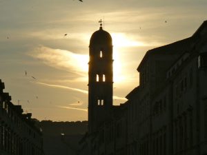 Croatia, Dubrovnik: church steeple at sunset