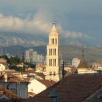 Croatia, Split City: steeple and mountains at sunset